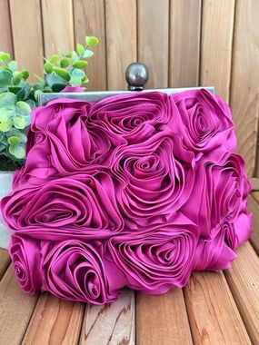 BODEN Rosette Statement Clutch Bag in 3D Textured Fuscia, Evening Piece